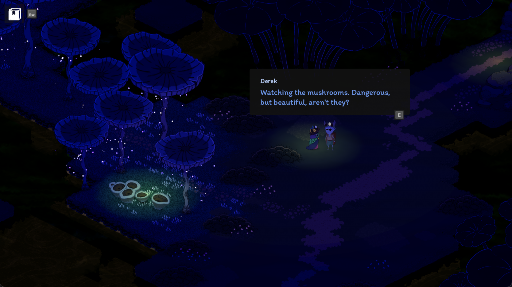 Slumbering Woods gameplay screenshot. Toxic mushrooms at night.